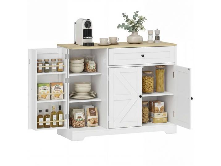 Buffet de Cuisine Style Campagne Petit Dressoir avec Portes Coulissantes 1 Tiroir et Étagères Réglables Blanc