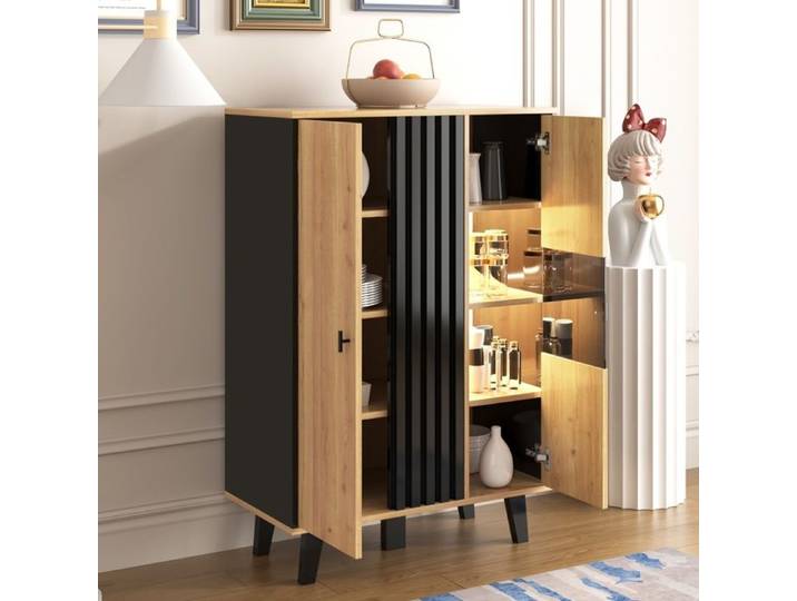 Commode LED Chambre Armoire Elégante - 2 Portes - Buffet Bas Salon -Meuble de Rangement - Design Unique - 120x80x40 cm - Noir+Bois
