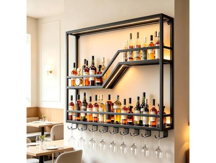 Kifezk 130 cm Schwarzes Metall Wand-Weinregal mit Gläserhalter Wandmontage, Metallkonstruktion, Weinaufbewahrung, Gläserhalterung, Platzsparend