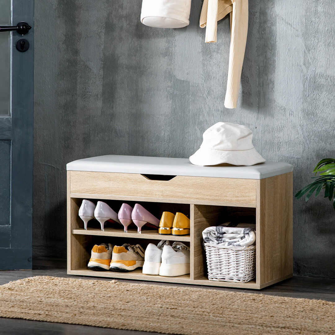 Hykkon Kia Faux Leather Upholstered Bench with Shoe Storage Oak 43cm H X 80cm W X 30cm D