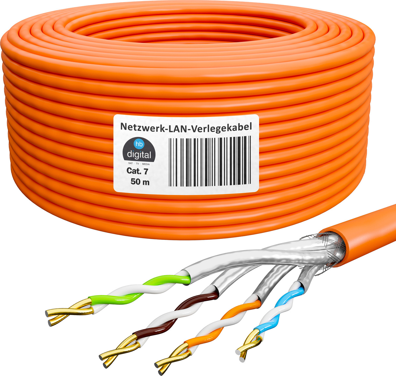 hb-digital Netwerkkabel CAT.7 AWG23 Aansluitkabel, 50 meter, Oranje