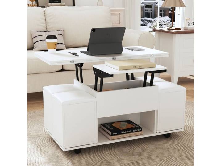 Luscriate - Table basse relevable 3-en-1 avec 4 tabourets rangements – blanc