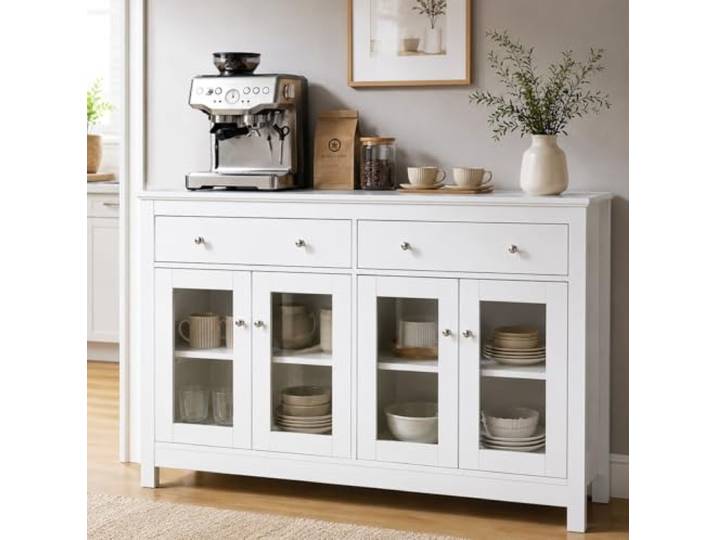 Amveya Küchensideboard Weiß mit Glastüren und 2 Schubladen, 140x40x90,7cm Buffetschrank mit verstellbaren Einlegeböden für Geschirr, Gläser und Küchenutensilien – ideal für Küche und Esszimmer