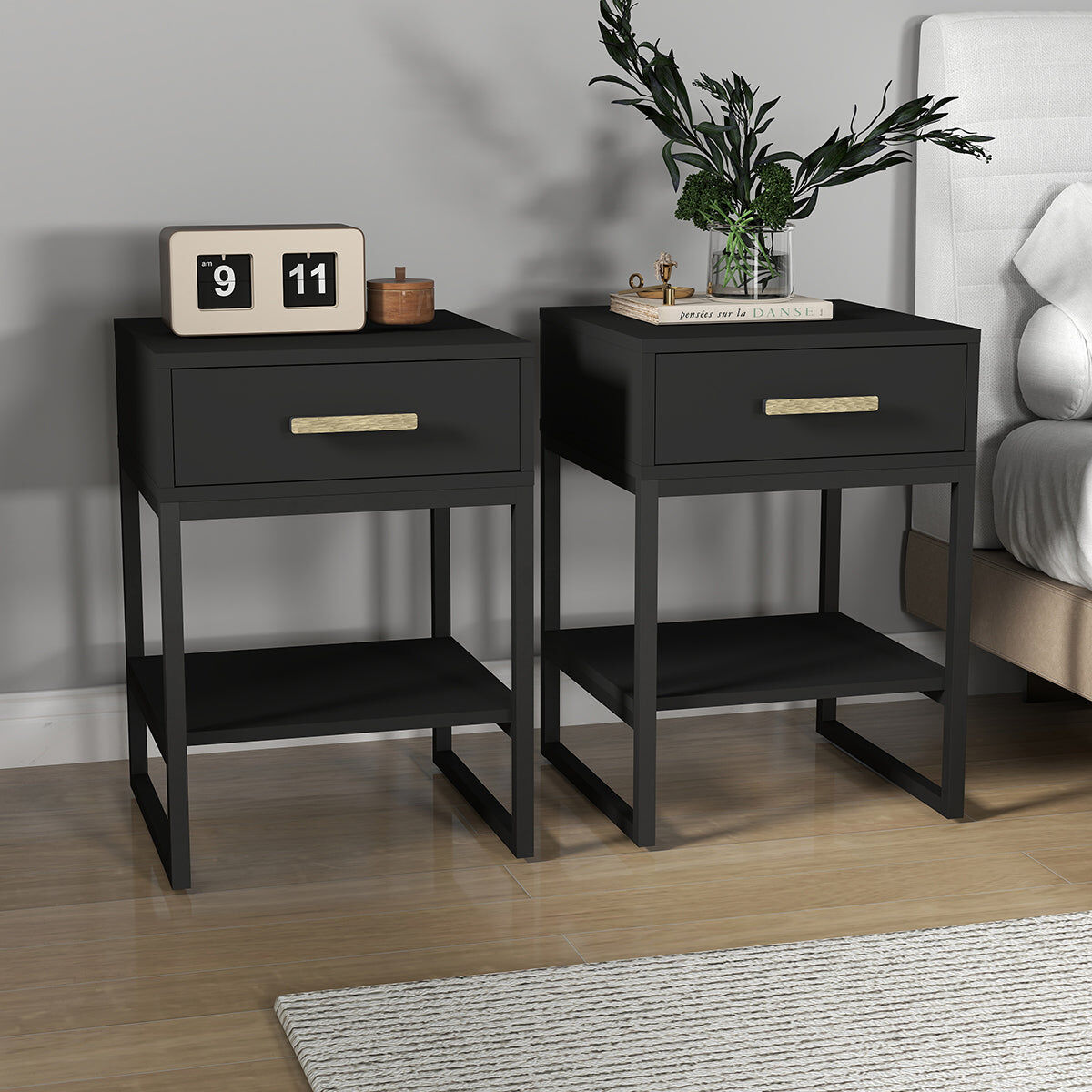 Pair of One Drawer Bedside Tables - Luna Black Range Coated MDF, Metal