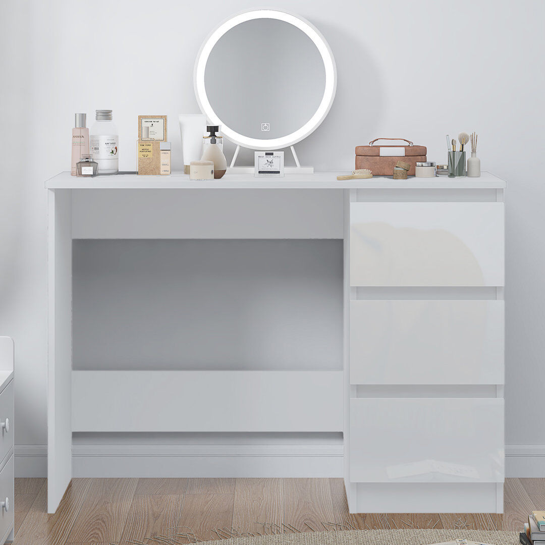 Hashtag Home Warren 3 Drawer Dressing Table Study Desk - Modern No-Handle Design White Gloss 72cm H X 99cm W X 40cm D