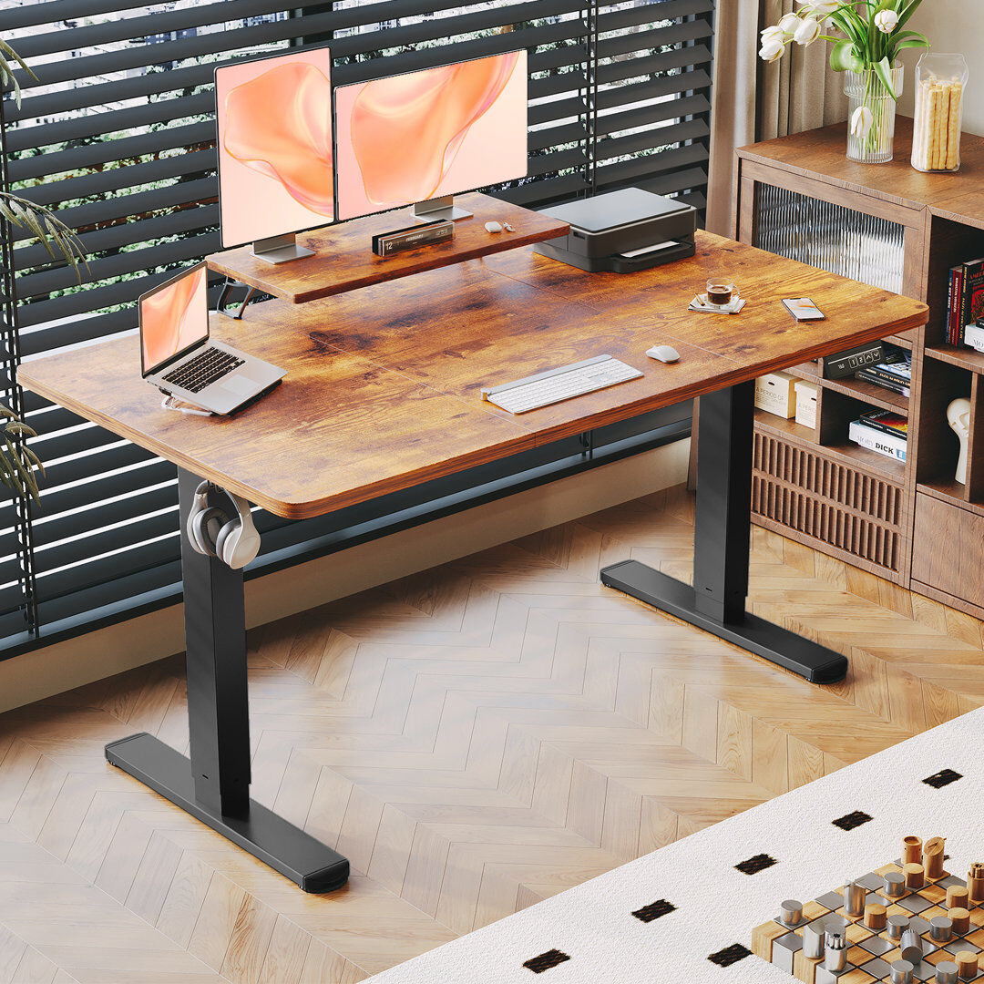 Inbox Zero T-Shape Electric Standing Desk With Monitor Stand Memory Smart Pannel Home Office Desk Black/Rustic Brown 160 W x 70 D