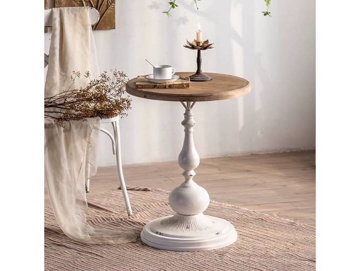Artemoòn, petite table basse en bois massif de style vintage français, table d'angle pour salon, table d'appoint ronde, table basse pour balcon.