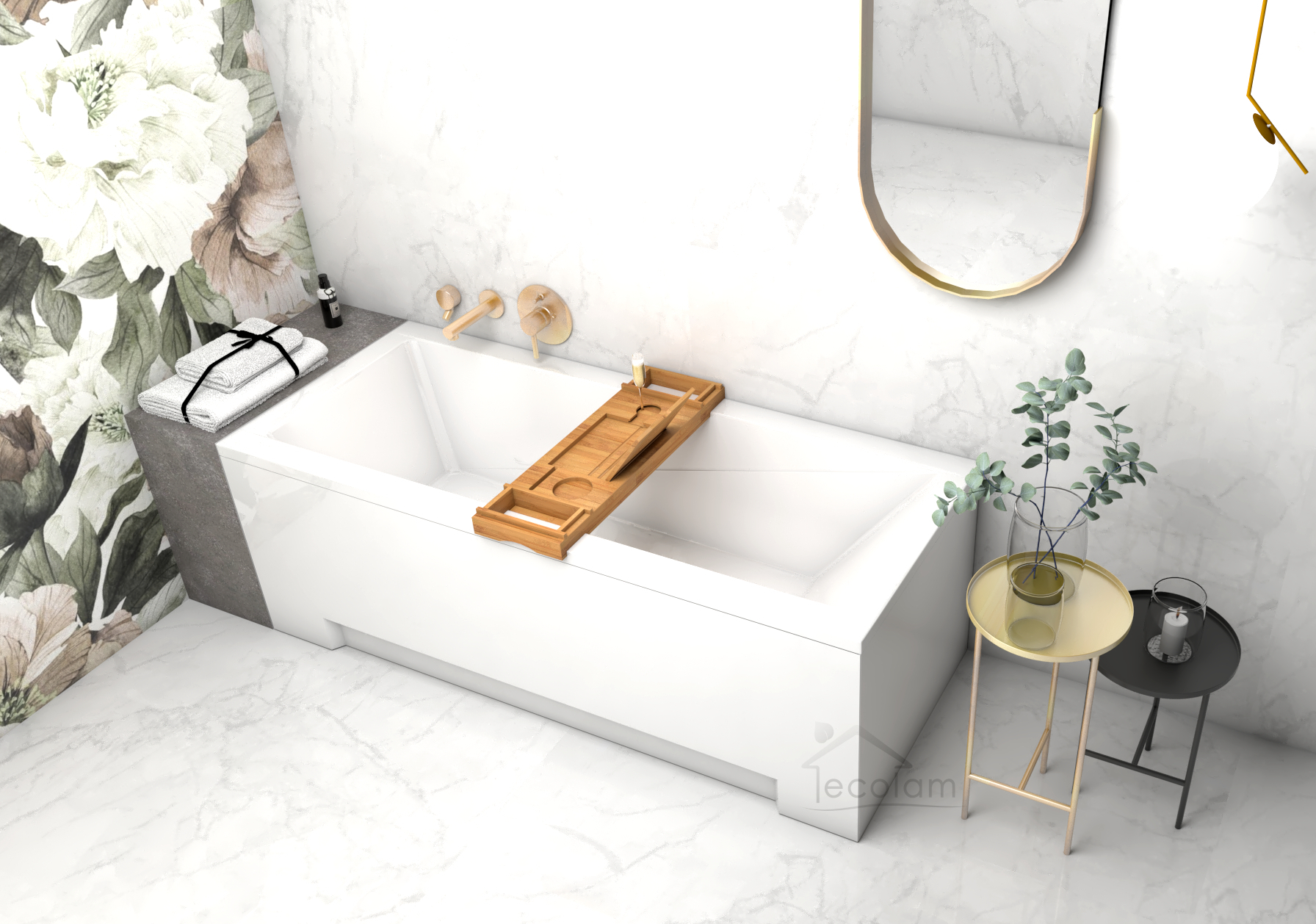 ECOLAM Badewanne Rechteck Modern Acryl weiß 170x70 cm +Ablage Bambus +Schürze Ablaufgarnitur Ab-und Überlauf Automatik Füße Silikon
