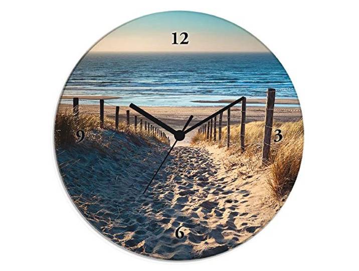 ARTLAND Wanddeko Wanduhr ohne Tickgeräusche Glas Quarzuhr Ø 30 cm Rund Lautlos Strand Meer Düne Nordsee Urlaub Natur Maritim T9IP