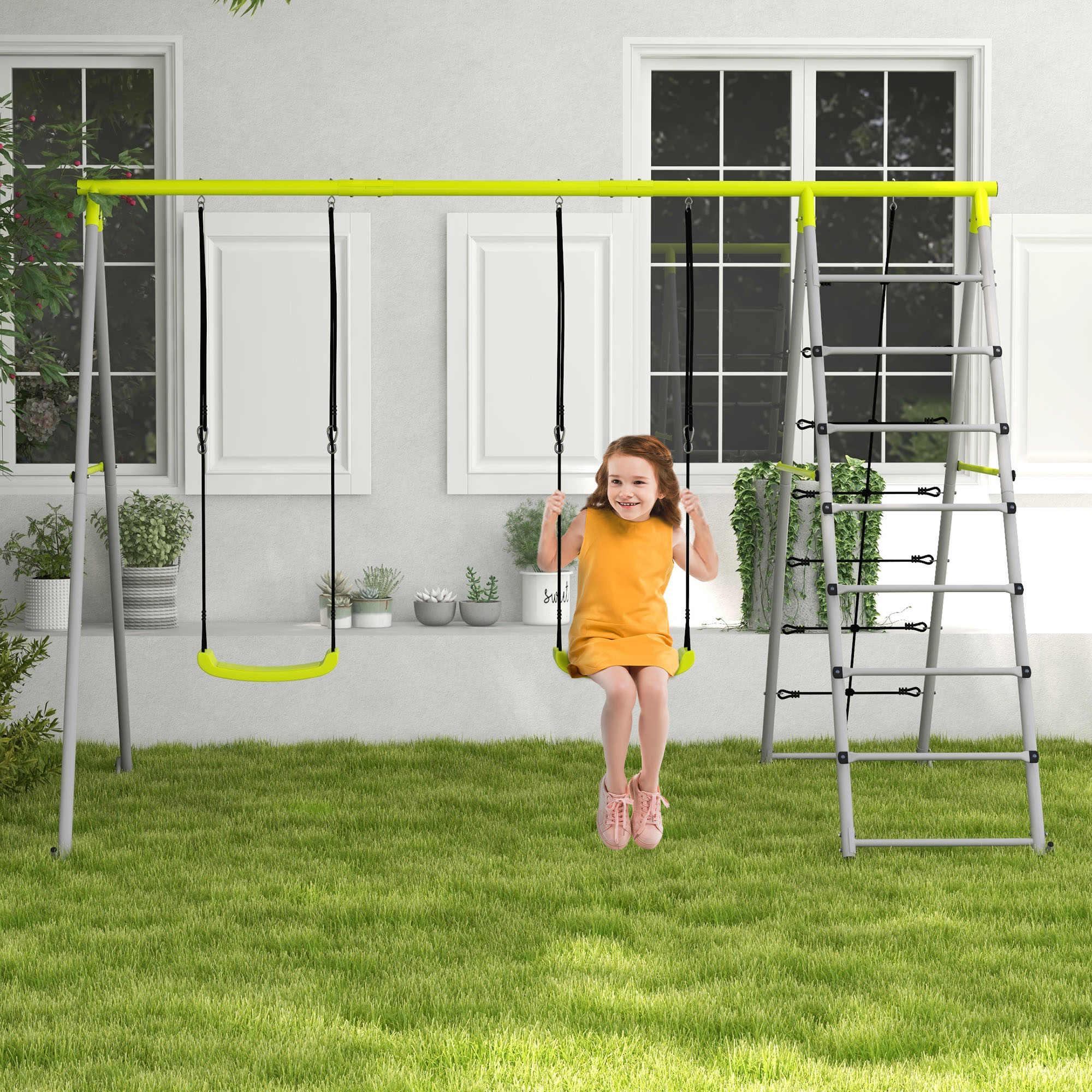 Outsunny 4 in 1 altalena da giardino per bambini con 2 seggiolino altalena scala per scalare e rete per l'arrampicata verde