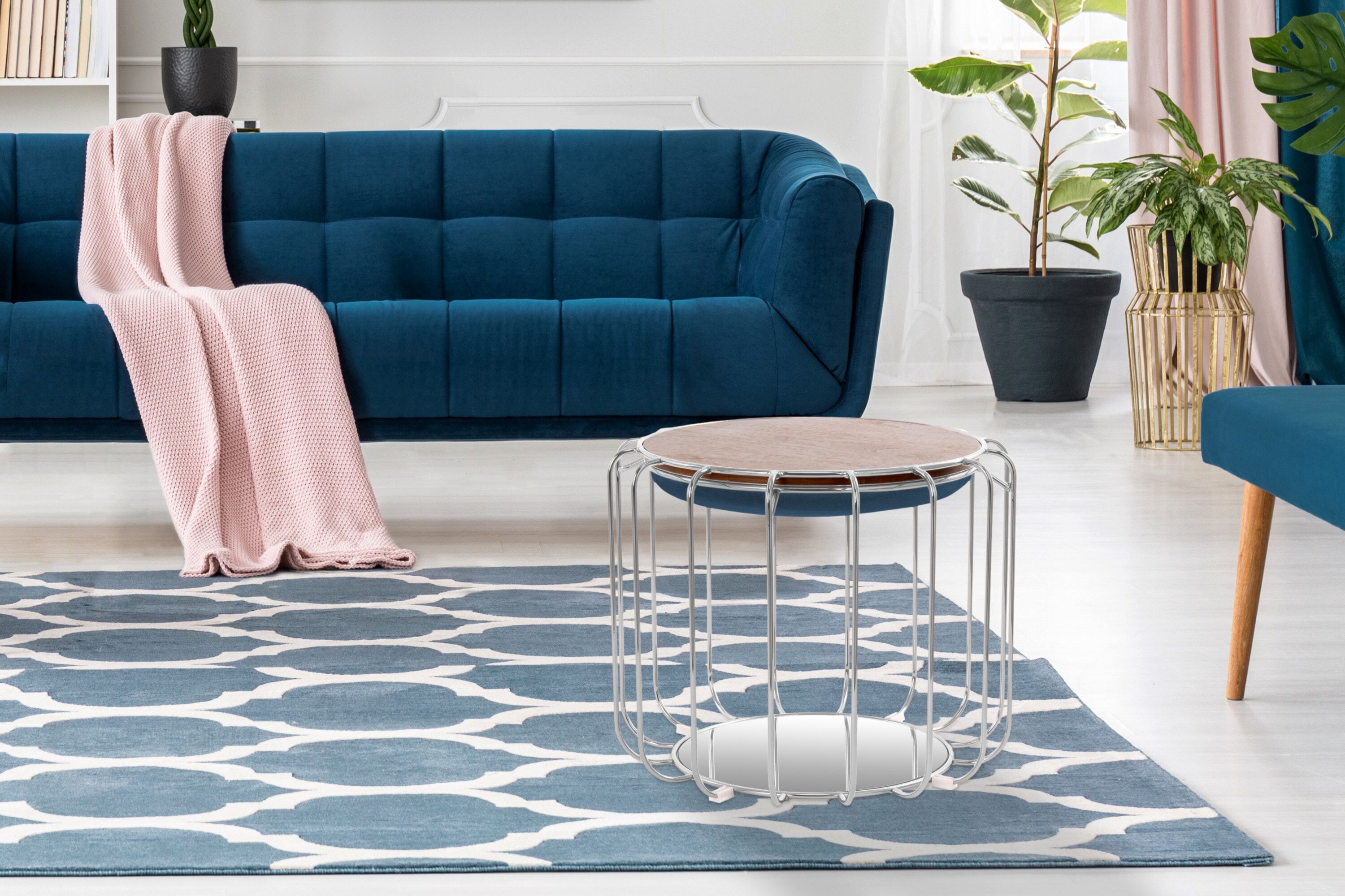 Beistelltisch KAYOOM "Pouf Comfortable 110, abnehmbares und wendbares Oberteil", blau (dunkelblau, silber, silber), B:50cm H:45cm T:50cm, Eisen, MDF, Samtbezug, Schaumstoff, Spiegel, Tische, Beistelltisch, praktisch umzuwandeln in Tisch oder Hocker, mit S