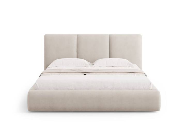 Lit coffre avec tête de lit 140x200cm en chenille beige