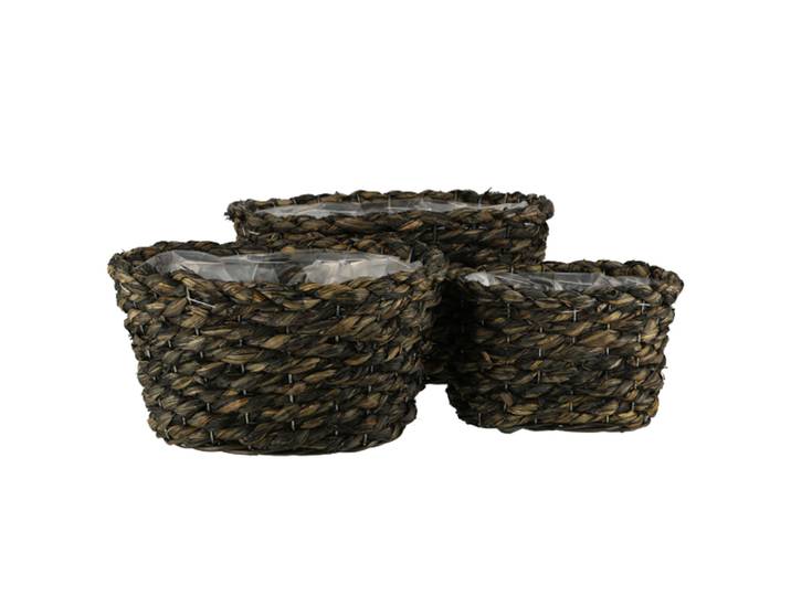 3er-Set Natur Pflanzentöpfe aus Gras-Geflecht, Übertöpfe mit Innenfolie, dunkelbraun