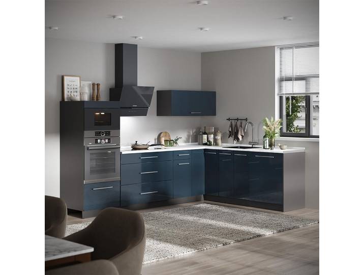 Cuisine En Angle Fame-line\, Bleu Foncé Brillant/anthracite\, 287 X 207 Cm\, Pt Chêne\, Vicco