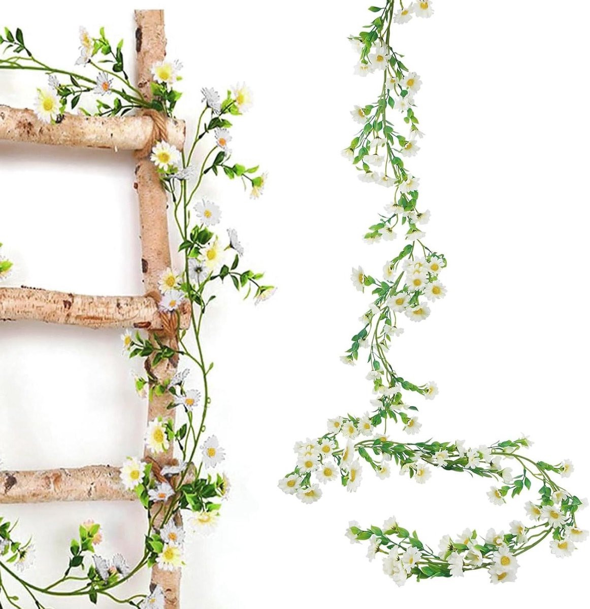Kunstbloemenslinger met zijden bloemen in wit voor decoratie, 21 meter