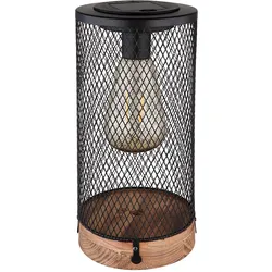 Solarlampe Tischleuchte Außen LED Gartendeko Holz, Metallgitter schwarz, 3000K warmweiß, DxH 12x25,5 cm
