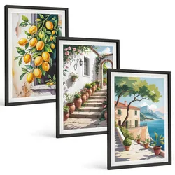BILDER SET 3er Set - 40x60 cm Schwarzer Rahmen - Zitronen, Blumen, Meerblick