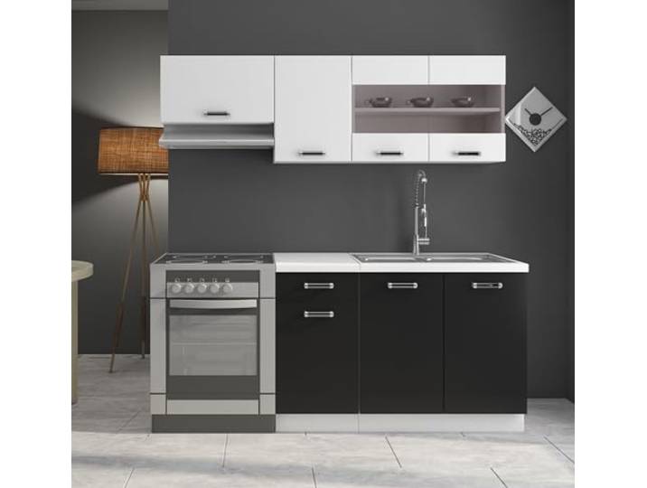 Küche Omega Mini 180 cm Küchenzeile Küchenblock Singleküche Schwarz Weiss