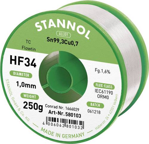 Stannol HF34 1,6% 1,0MM FLOWTIN TC CD 250G Lötzinn, bleifrei Spule, bleifrei Sn99,3Cu0,7 ORM0 250g 1mm