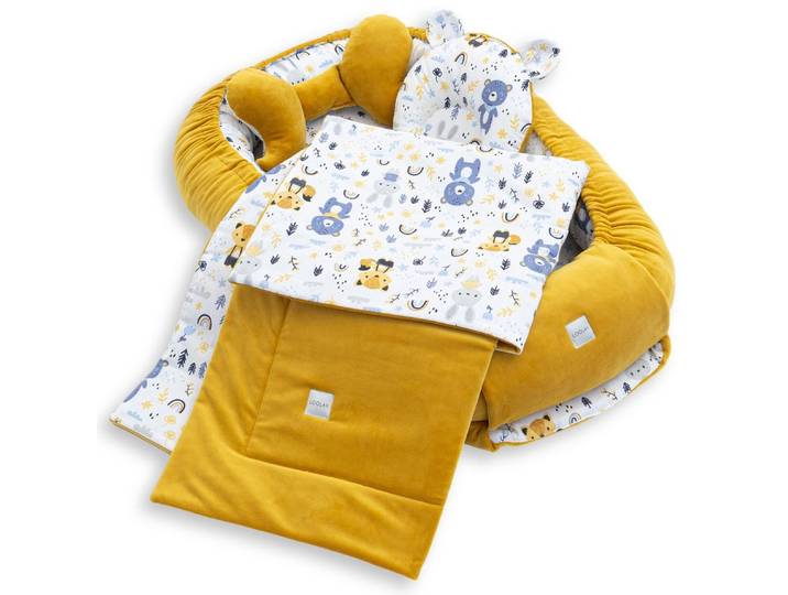 Loolay Kuschelnest BABYNEST 5 TLG. Set PREMIUM Babyausstattung Baumwolle & Samt Velours, (MUSTER: GELB Samt Velour/ Wald Tiere, 5-tlg., Liebevoll handgefertigt Nestchen! Geborgenheit Komfort für Neugeborene), Premium Ausstattung - 100% Europäische Stoffe und Kleinserien-Nähen!