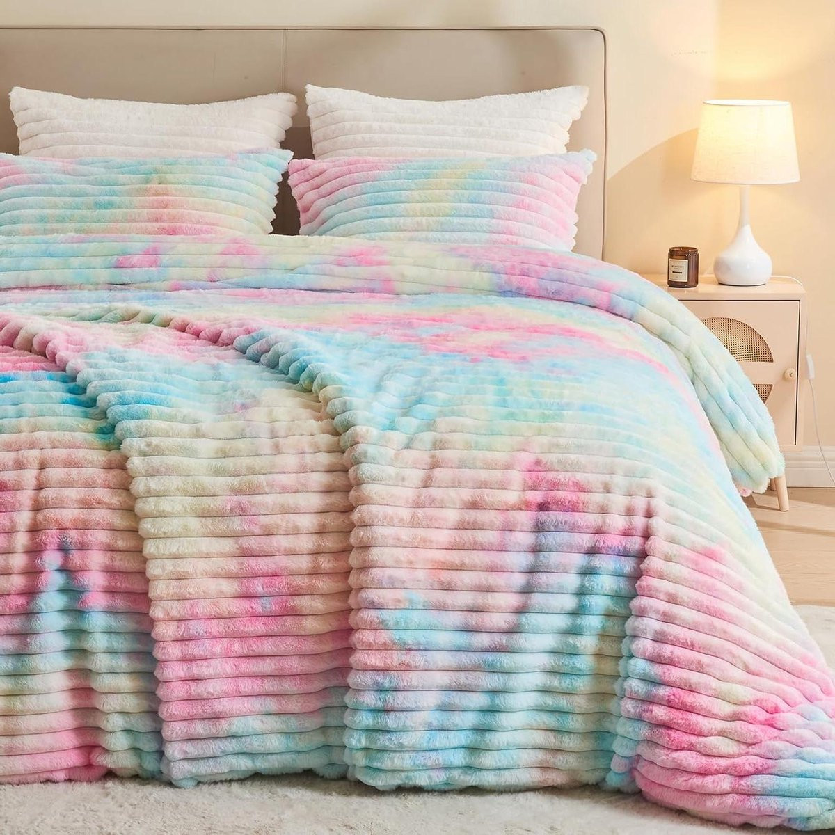 Pluche Beddengoed Set Regenboog - Dubbelzijdig Dekbedovertrek - 200x200 cm