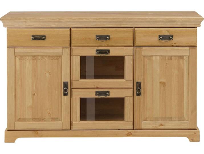 Sideboard GOODPRODUCT Rügen Kommode mit 2 Türen, 5 Schubläden mit Metallgriffen , beige (natur, gebeizt, geölt), B:145cm H:85cm T:40cm, Massivholz, Sideboards, Sideboard, Kommode aus massiver Kiefer, Schubladen mit Glaseinsatz, Metallgriffe