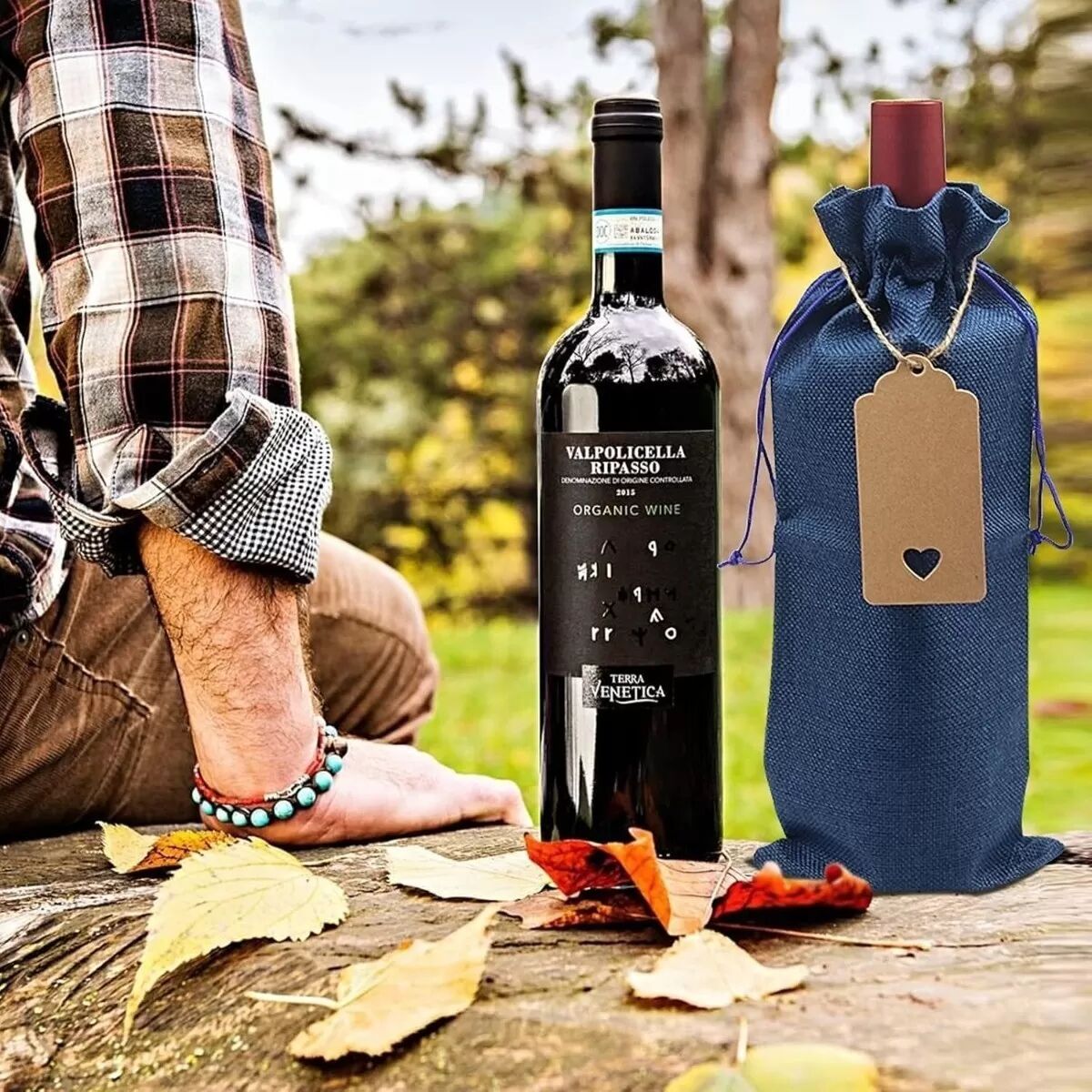 INF Sacs à vin en toile de jute avec cordon - Ensemble de 12 sacs cadeaux rustiques avec étiquettes