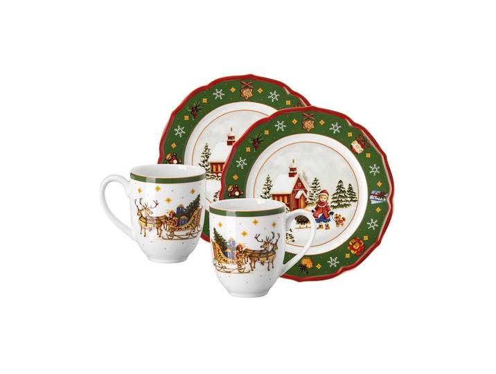 Frühstücks-Geschirrset HUTSCHENREUTHER Hutschenreuther Frühstücks-Geschirrset Happy Wintertime, Porzellan, 4-tlg. , grün weiß, Geschirr-Sets, Frühstücks-Geschirrset