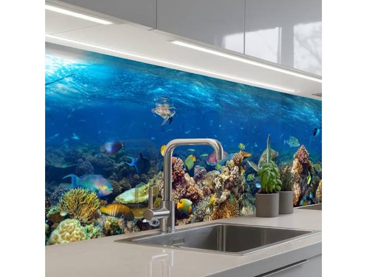 KitchenYeah© Spritzschutz Küche Küchen Rückwand Küchendeko Wand Wandschutz 60x300 cm - Selbstklebend Backsplash Kitchen Peel And Stick Unterwasserlandschaft - Fische - Schildkröte - Blau