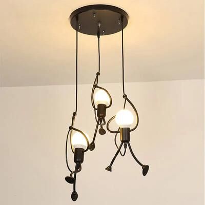 Top Demand Picks Vintage Iron Little Man LED Pendant Light, Creative Climbing Robot Hanging Lamp For Childrens Room, Dining Table, Home three Heads without Bulb