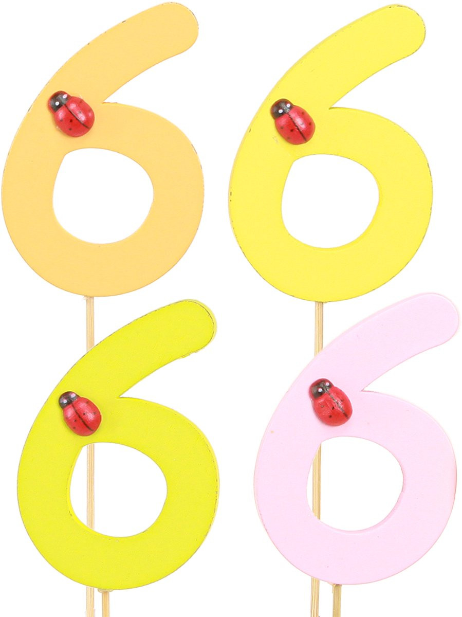 Set van 16 kleurrijke houten nummerpluggen jubileumnummer 6, hoogte: 7 cm