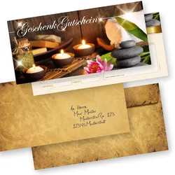 TATMOTIVE Geschenkgutscheine Massage & Beauty (100 Stück mit Umschläge) einfach Werte eintragen und stempeln, für Massage & Wellness