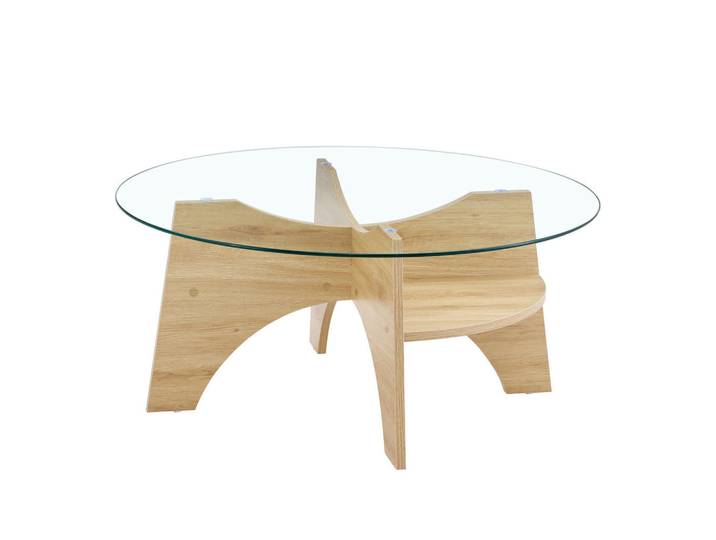 Redom Couchtisch 80/80/36 cm mit Sicherheitsglasplatte und fächerförmigem MDF-Gestell, Transparent/Naturholz, Naturfarben, 80x36x80 cm, Wohnzimmer, Wohnzimmertische, Couchtische