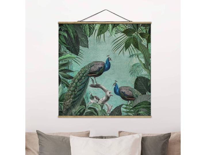 Stoffbild Shabby Chic Edler Pfau I Webstoff Türkis 35 x 35cm