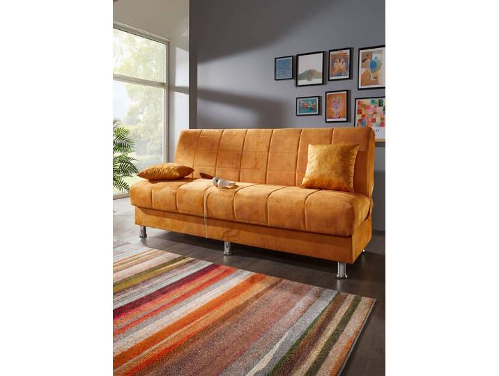 Schlafsofa mit Bettkasten und Dekokissen, Safran