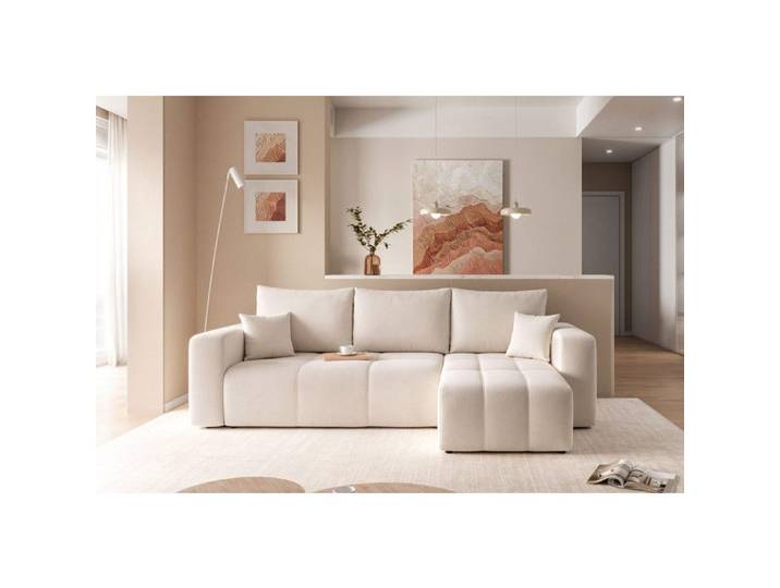 Canapé d'angle Réversible PEDRO - 4 places - Canapé Convertible avec Coffre - Tissu Velours - Crème