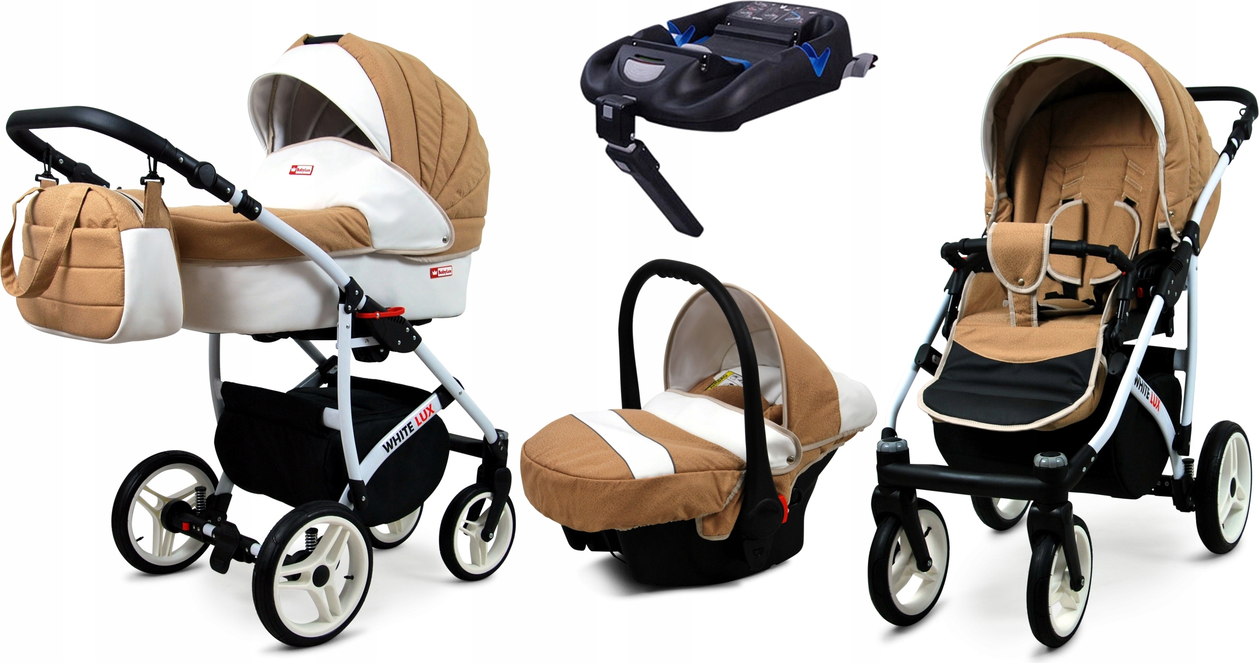 BabyLux White Lux | 4in1 Kinderwagen Set | Coffe | Kombikinderwagen | Kinderwagenset | Basisstation + Buggy + Babywanne + Autositz / Auto-Babyschale