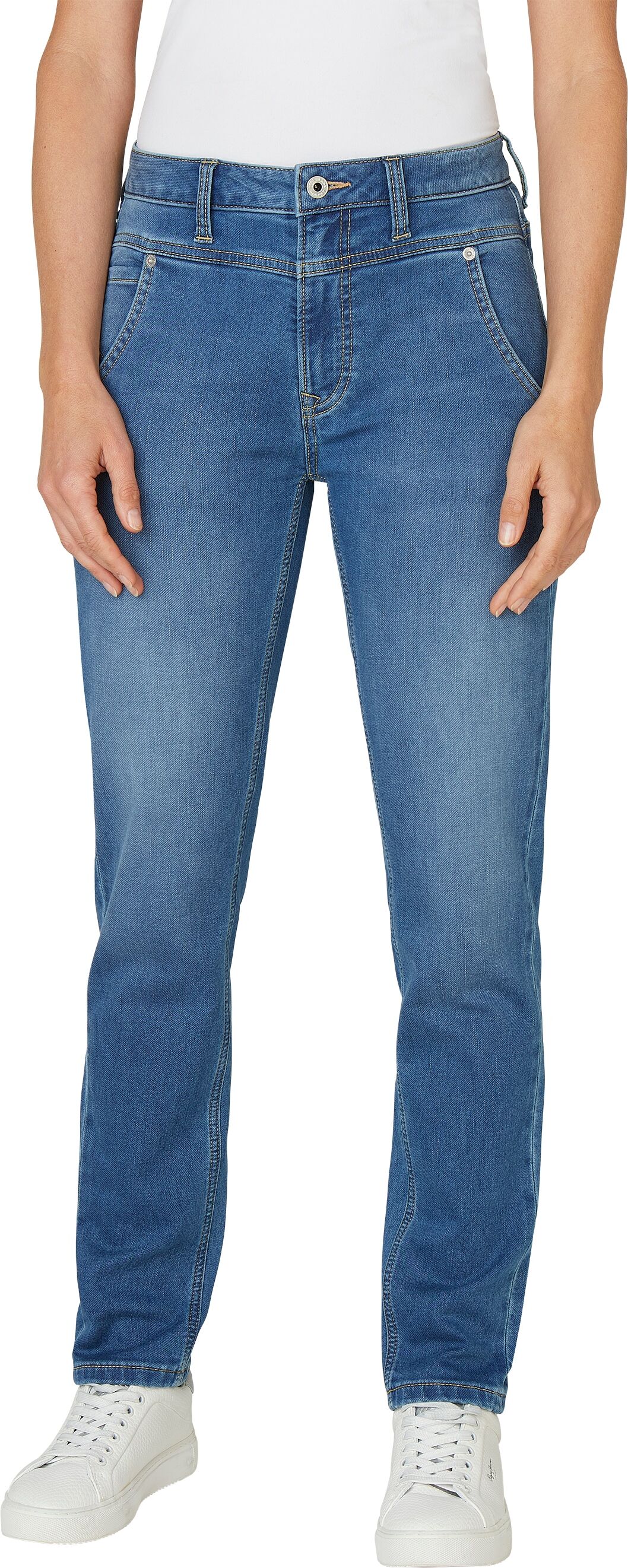 Tapered-fit-Jeans PEPE JEANS "TAPERED GYMDIGO MW CAREY", Damen, Gr. 28, Länge 30, blau, Denim/Jeans, Obermaterial: 86% Baumwolle, 12% Polyester, 2% Elasthan, gerade, unten schmal, Jeans Tapered-fit-Jeans, mit Passe vorn blau 28, Länge 30