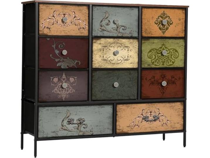 Wuynn Kommode für das Schlafzimmer mit 11 tiefen Stoffschubladen, hohe Kommode, breiter TV-Schrank, Vintage Würfel-Regal für Schrank und Kinderzimmer