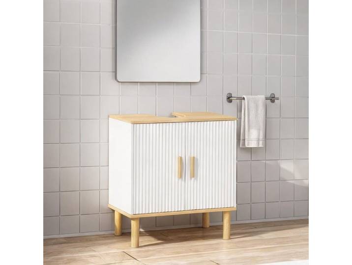 Meuble sous-lavabo 60 cm avec étagère réglable et découpe en U pour lavabo sans colonne