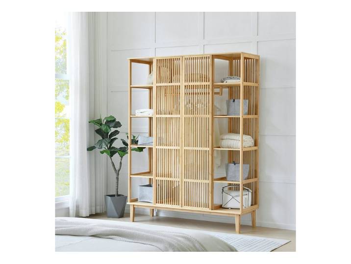 en.casa Kleiderschrank »Hudiksvall« mit 10 Staufächern, 2 großen Ablagen185x140x45cm Natur