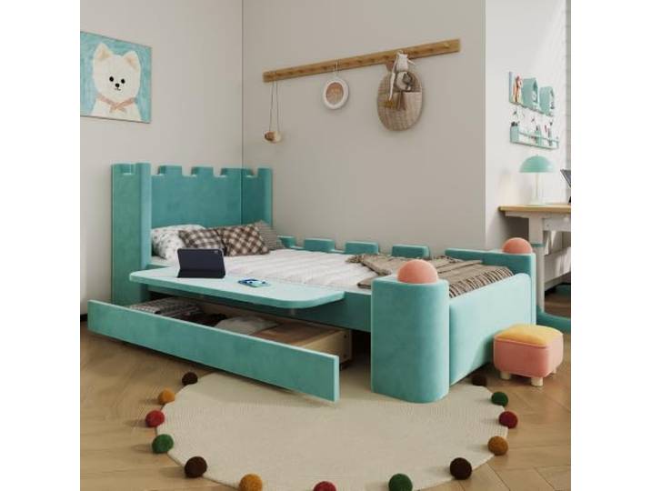 BXEYXE Kinder Polsterbett Einzelbett, klappbarer Seitenablage, Stauraum Schublade, Burg-Deisign, Weiche Antikonllisions-Katen, Französischer Samt, Blaugrün, 90x200cm