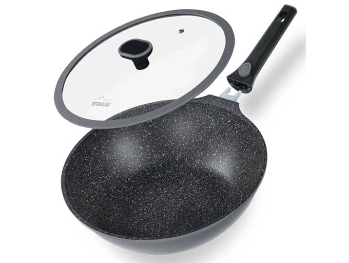 STONELINE SMART Wokpfanne 30 cm, 4,8 L REDESIGN 25/26 Große Pfanne mit Deckel, Abnehmbarem Griff, Aluguss Pfanne Induktion, Alle Herdarten, Antihaftbeschichtet mit echten Steinpartikeln, Grau