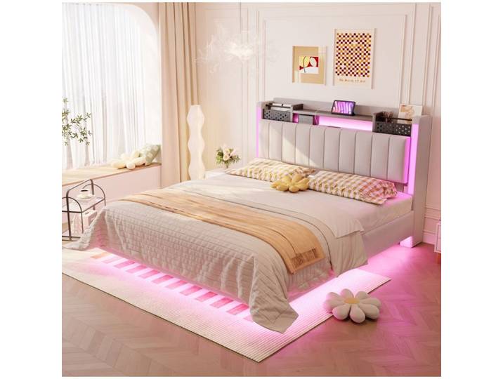 Lit double rembourre SENVIRO avec rangement tete de lit LED et port USB Beige 140 x 200