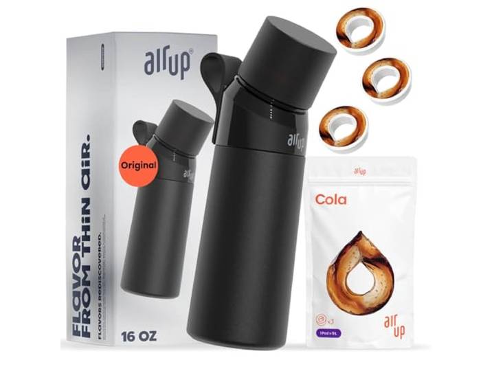 Air up® Wasserflasche (473ml) Black Steel + 3 Cola-Kapseln Zuckerfreie Geschmackskapseln & Wasserflaschen mit Strohhalm Aromatisierte Wasserflasche