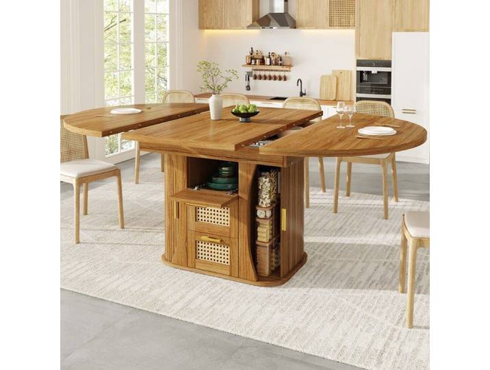 Table à manger extensible ronde 118-158x118x77.1 cm - Table de cuisine avec Tiroirs en osier et rangement - 4-8 personnes - Marron