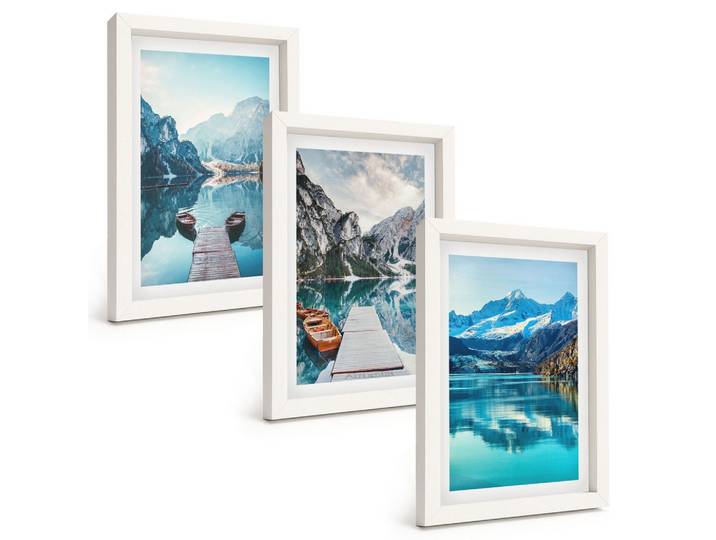 BILDER SET 3er Set - 20x30 cm Weißer Rahmen - Spiegelung der Boote auf Bergseen
