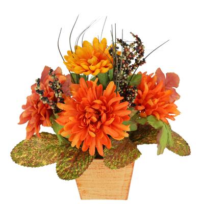 Kunstblume I.GE.A. "Dahlien-Gesteck im Topf", orange, B:22cm H:26cm L:20cm, Polyester, Kunstpflanzen, Mit Beeren Blume Dekoblume Gesteck Herbstblume Herbstdeko Mittelstück
