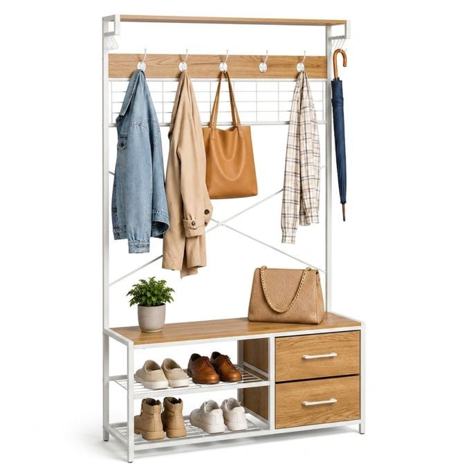 Relaxdays Kapstok met schoenenbank en lades, wit houtlook