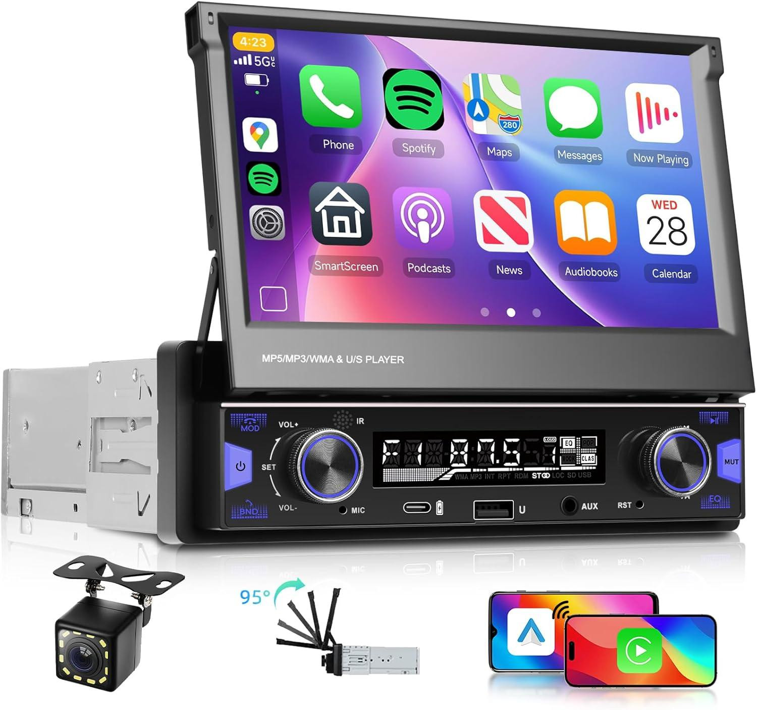 Selius 1 DIN Draadloze Autoradio met 7 Inch Uitschuifbaar MP5 Touchscreen